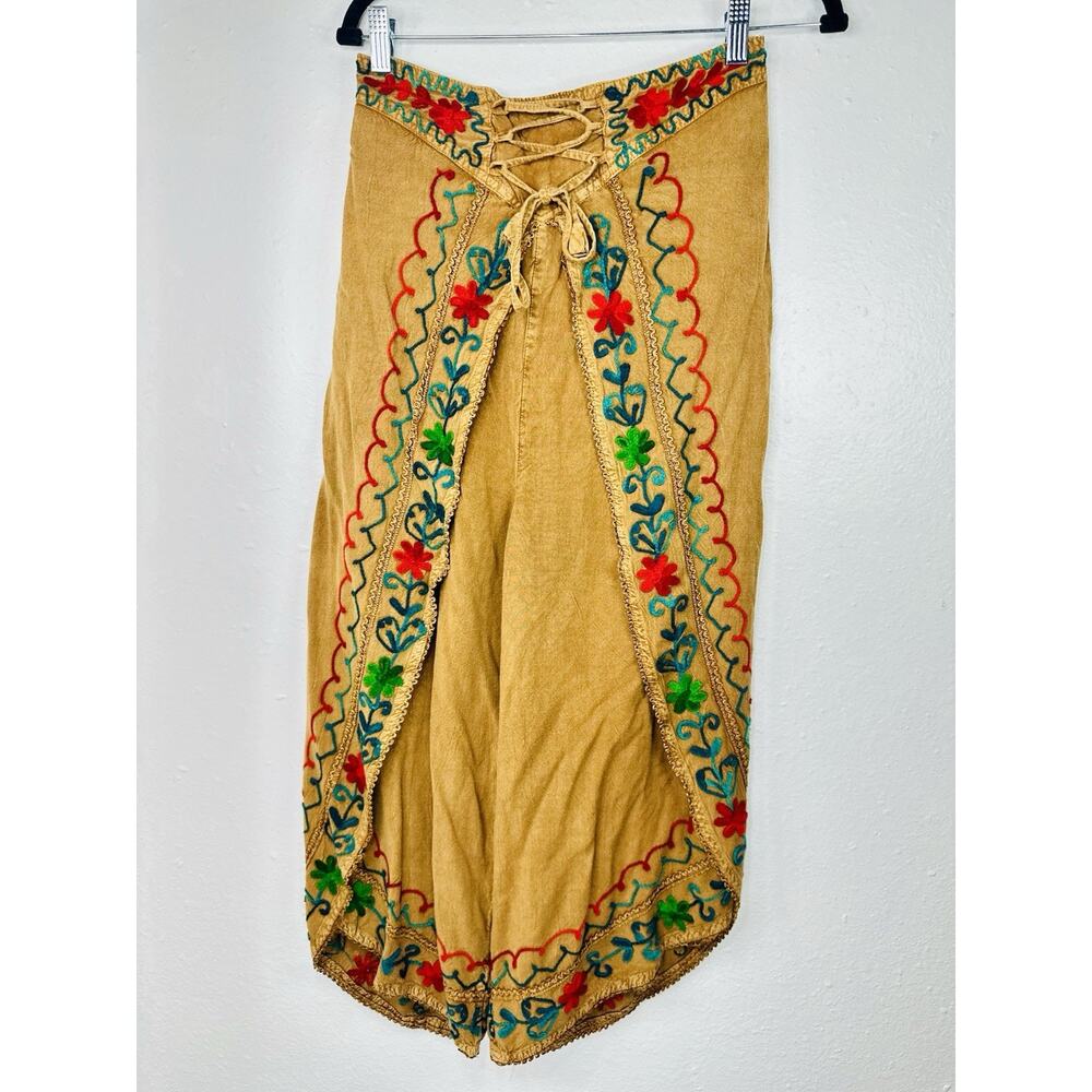 Boho Embroidered Brown Harem Palazzo Pants One Size